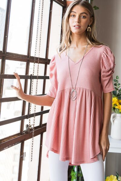 Blue Zone Planet | Heimish Full Size Waffle Knit V-Neck Babydoll Top BLUE ZONE PLANET