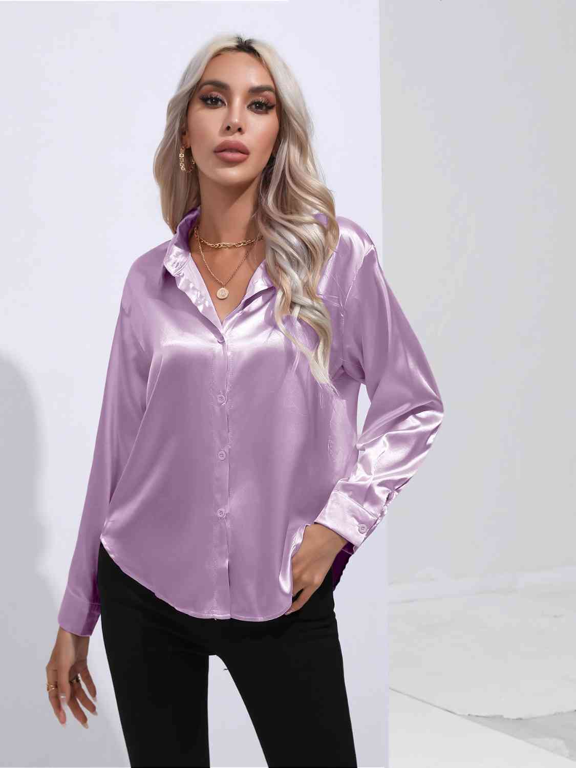 Collared Neck Buttoned Long Sleeve Shirt BLUE ZONE PLANET
