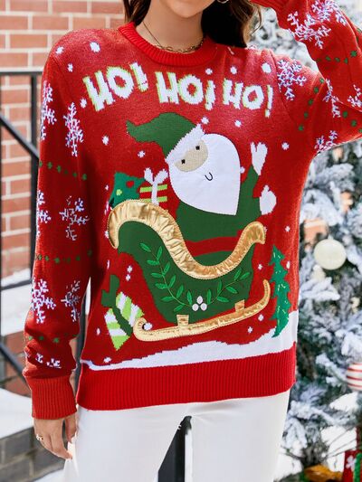 Santa Round Neck Long Sleeve Sweater BLUE ZONE PLANET