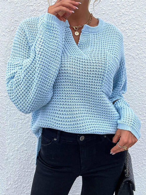 Notched Long Sleeve Sweater BLUE ZONE PLANET