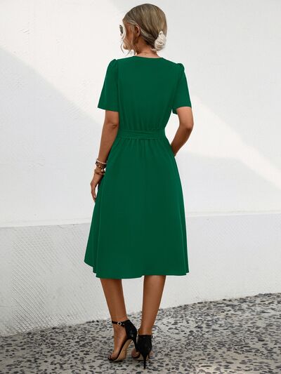 Blue Zone Planet |  Tied Notched Short Sleeve Dress BLUE ZONE PLANET