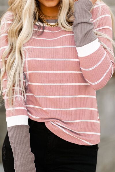 Blue Zone Planet | Striped Round Neck Long Sleeve T-Shirt BLUE ZONE PLANET
