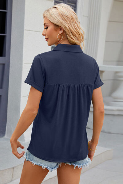 Blue Zone Planet | Ruched Johnny Collar Short Sleeve Blouse BLUE ZONE PLANET