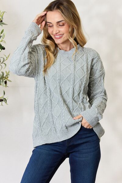 Blue Zone Planet | BiBi Cable Knit Round Neck Sweater BLUE ZONE PLANET