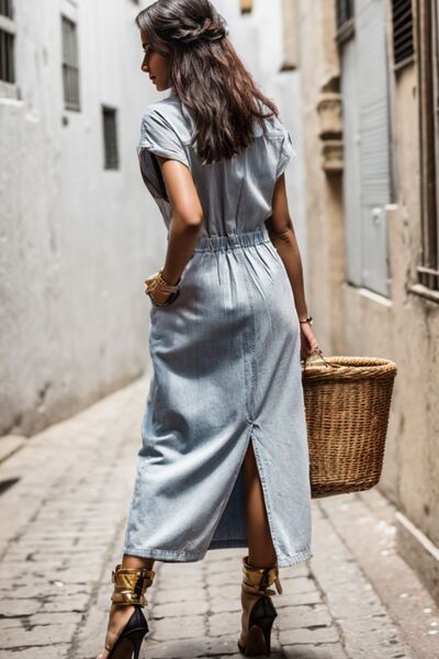 Slit Pocketed Half Button Denim Dress BLUE ZONE PLANET