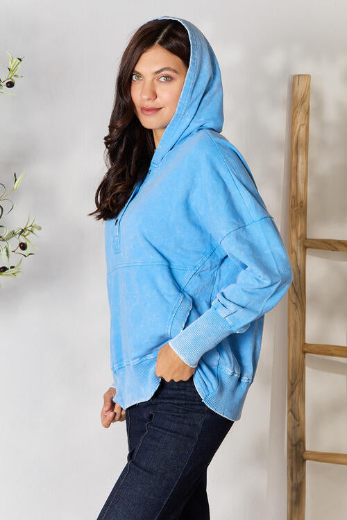 Zenana Half Snap Long Sleeve Hoodie with Pockets BLUE ZONE PLANET