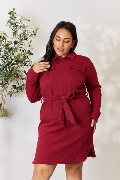 Culture Code Full Size Tie Front Half Zip Long Sleeve Shirt Dress BLUE ZONE PLANET