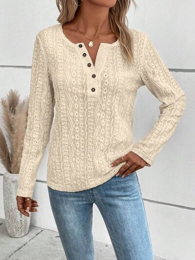Blue Zone Planet | Openwork Half Button Long Sleeve Blouse BLUE ZONE PLANET