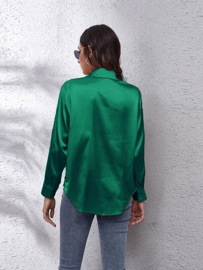 Button Up Collared Neck Long Sleeve Shirt BLUE ZONE PLANET