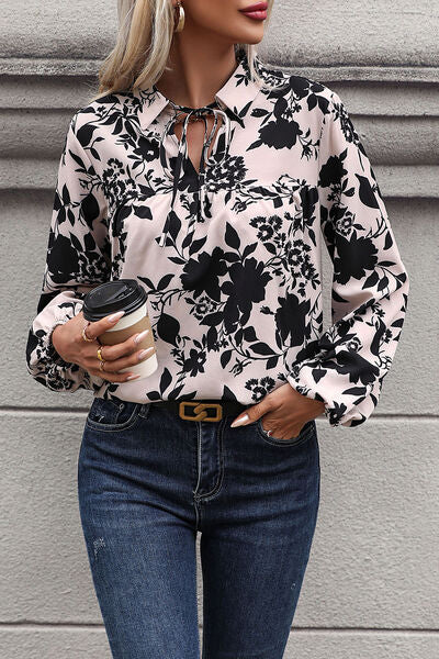 Blue Zone Planet | Printed Tie Neck Balloon Sleeve Blouse BLUE ZONE PLANET