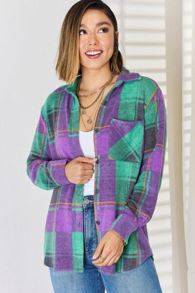 Zenana Plaid Button Up Long Sleeve Shacket BLUE ZONE PLANET