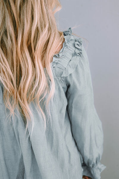 Frill Trim Flounce Sleeve Blouse BLUE ZONE PLANET