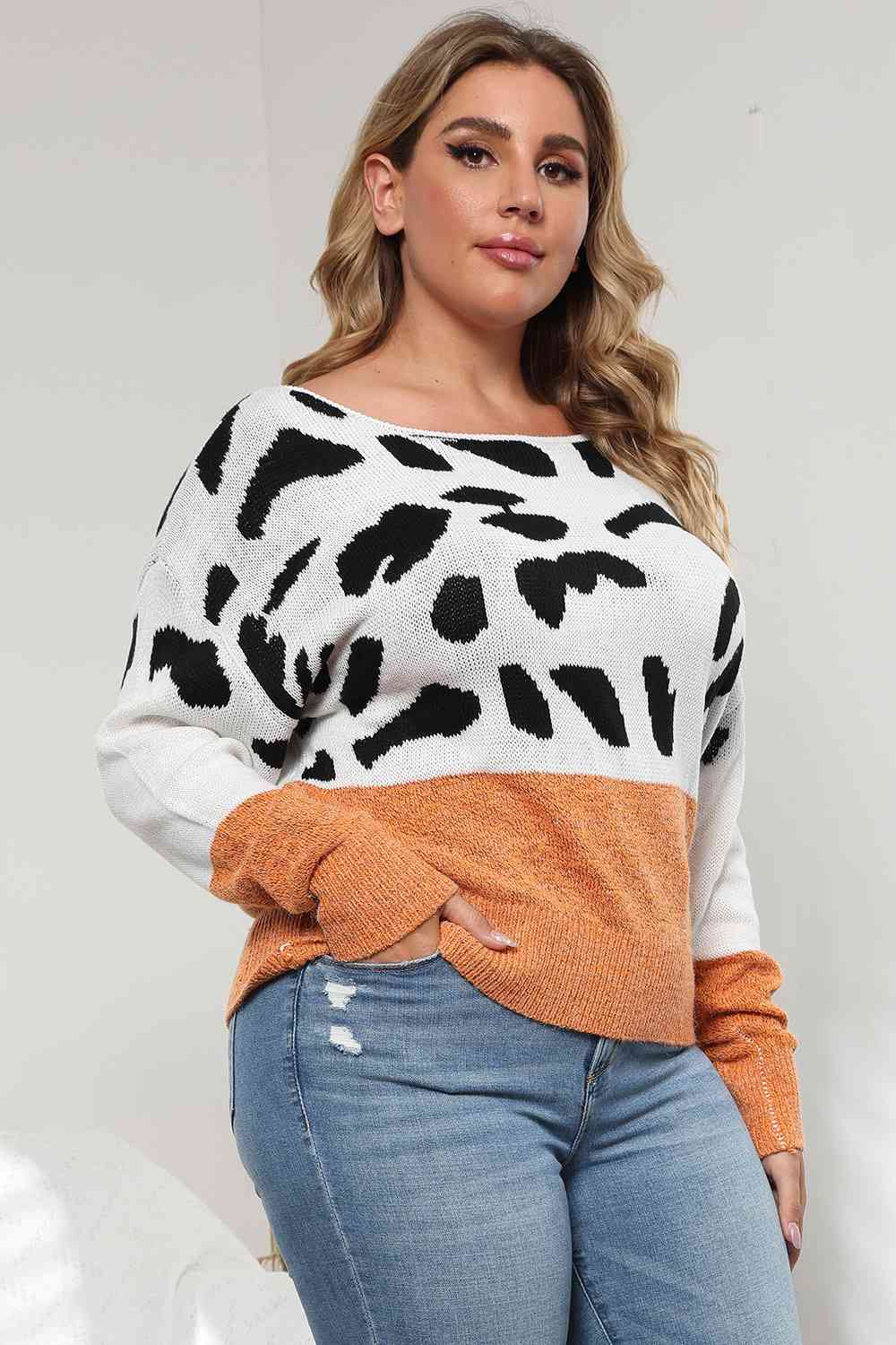 Plus Size Leopard Round Neck Long Sleeve Sweater BLUE ZONE PLANET