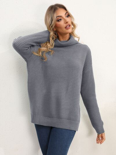 Slit Turtleneck Dropped Shoulder Sweater Trendsi