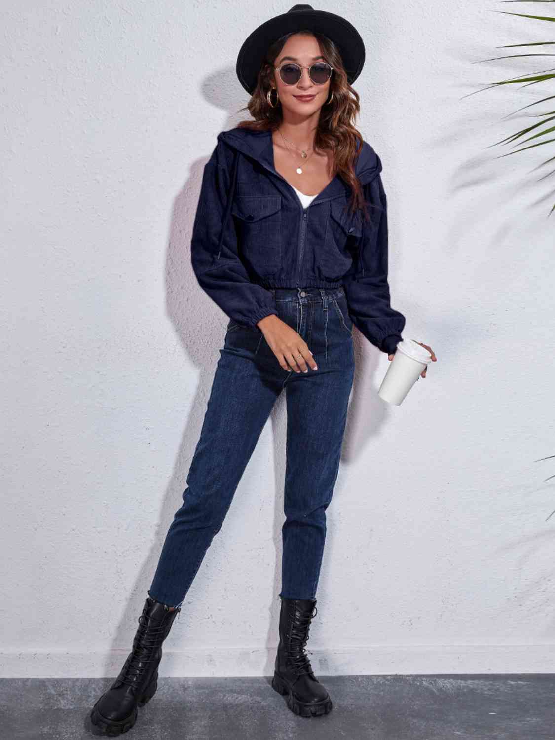Drawstring Hooded Zip Up Jacket with Pockets BLUE ZONE PLANET