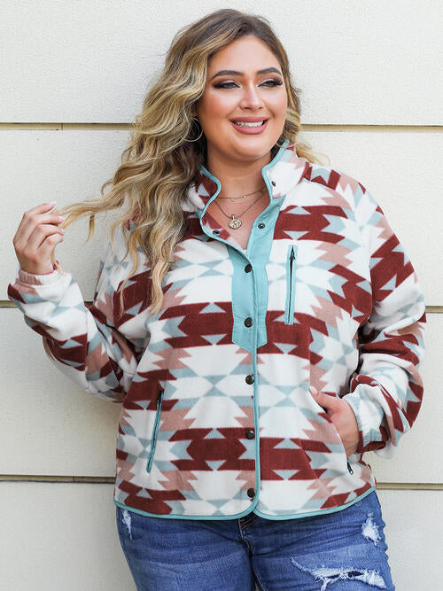 Plus Size Geometric Snap Down Long Sleeve Jacket BLUE ZONE PLANET