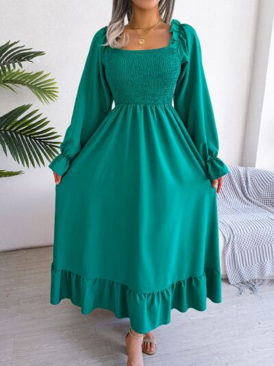 Smocked Square Neck Flounce Sleeve Dress BLUE ZONE PLANET
