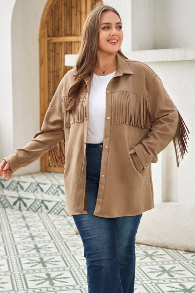 Blue Zone Planet | Plus Size Fringe Trim Snap Down Long Sleeve Shacket BLUE ZONE PLANET