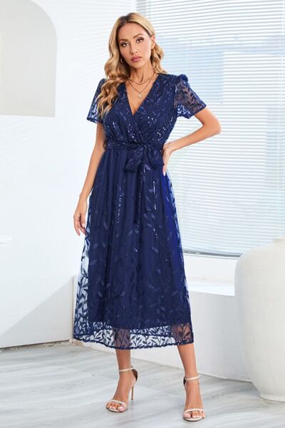 Blue Zone Planet |  Sequin Leaf Embroidery Tie Front Short Sleeve Dress BLUE ZONE PLANET