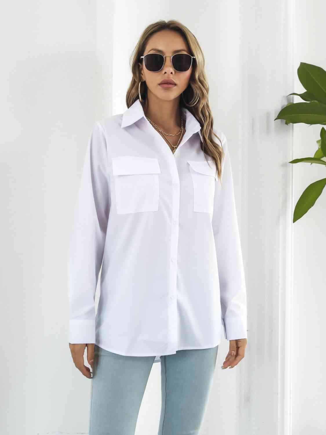 Collared Neck Buttoned Shirt with Pockets BLUE ZONE PLANET