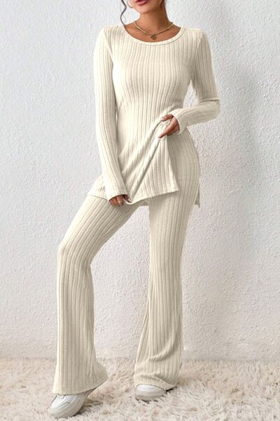 Blue Zone Planet | Ribbed Long Sleeve Slit Top and Bootcut Pants Set BLUE ZONE PLANET