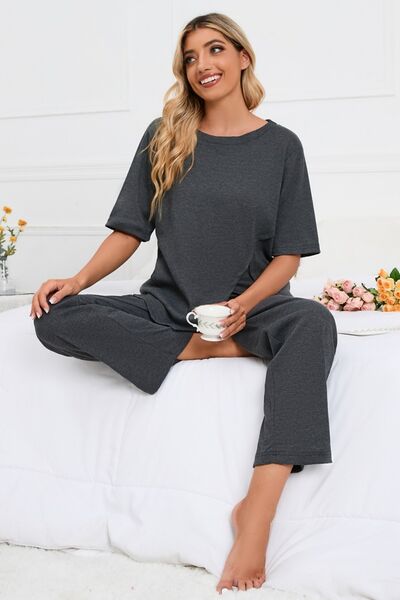 Slit Round Neck Top and Pants Lounge Set Trendsi