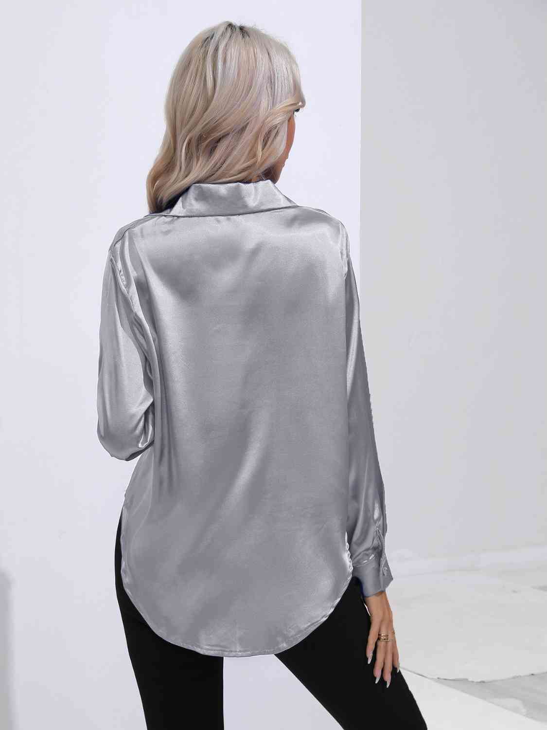 Collared Neck Buttoned Long Sleeve Shirt BLUE ZONE PLANET
