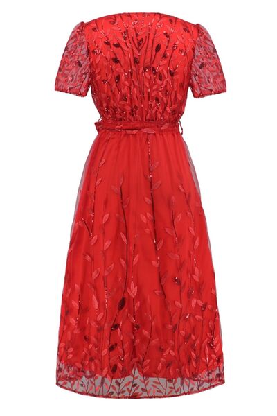Blue Zone Planet |  Sequin Leaf Embroidery Tie Front Short Sleeve Dress BLUE ZONE PLANET