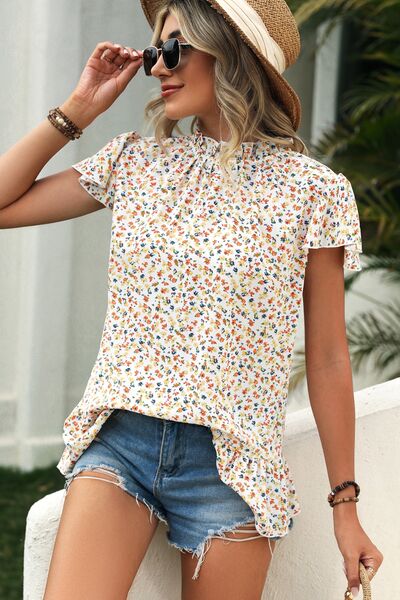 Blue Zone Planet | Ditsy Floral Mock Neck Short Sleeve T-Shirt BLUE ZONE PLANET
