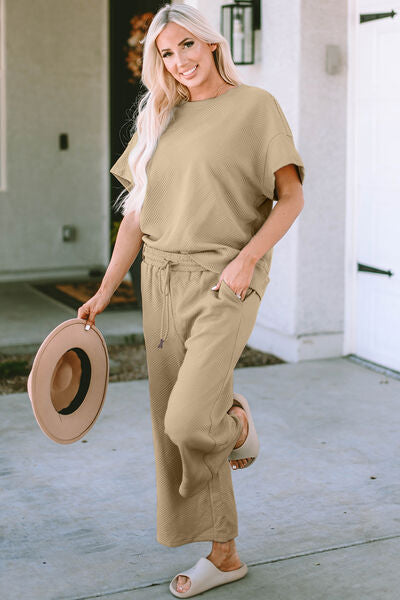 Double Take Full Size Texture Short Sleeve Top and Pants Set BLUE ZONE PLANET