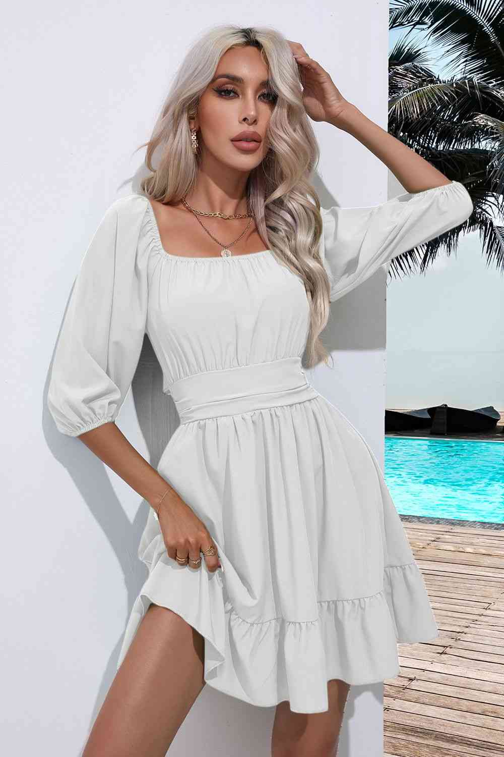Blue Zone Planet |  Square Neck Tie Back Ruffle Hem Dress BLUE ZONE PLANET