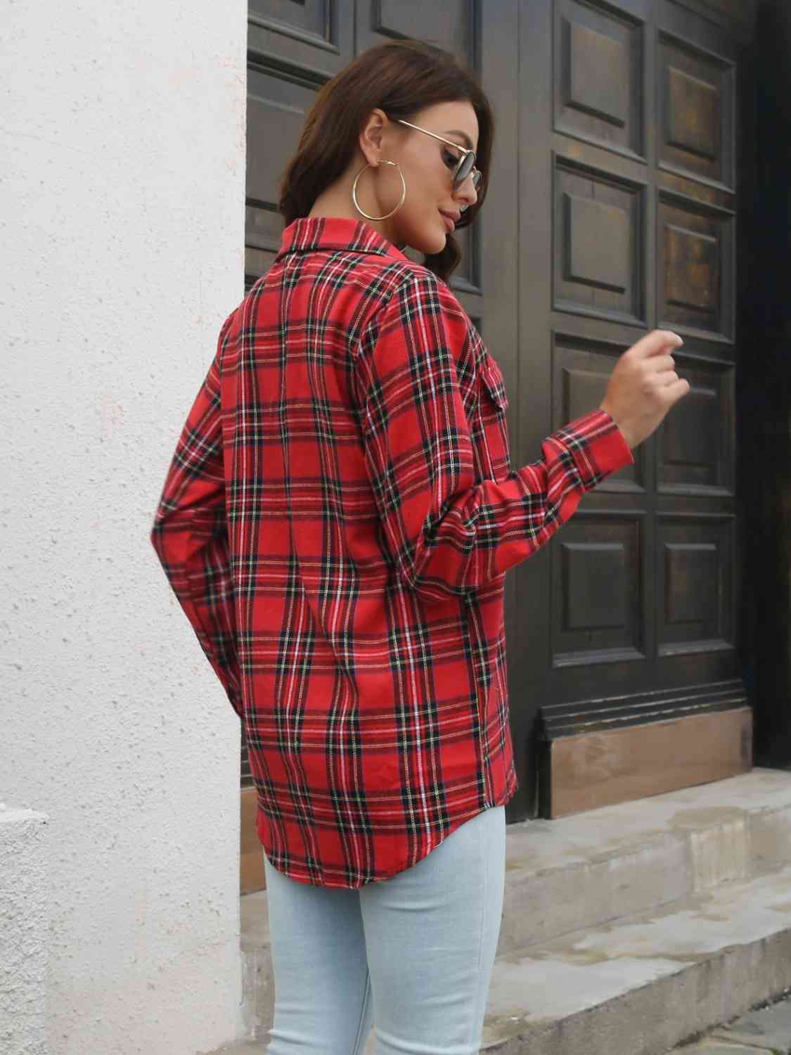 Plaid Collared Neck Buttoned Shirt with Pockets BLUE ZONE PLANET