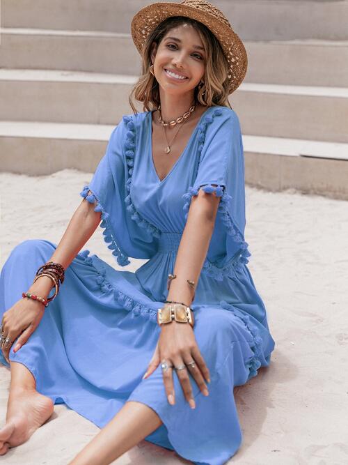Tassel Trim Smocked V-Neck Short Sleeve Dress BLUE ZONE PLANET