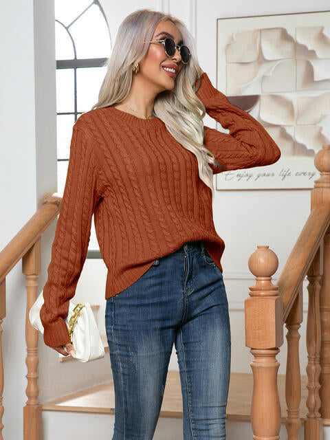Cable-Knit Round Neck Long Sleeve Sweater BLUE ZONE PLANET