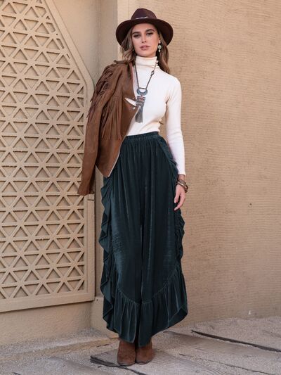 Blue Zone Planet | Ruffle Trim Wide Leg Slit Pants BLUE ZONE PLANET
