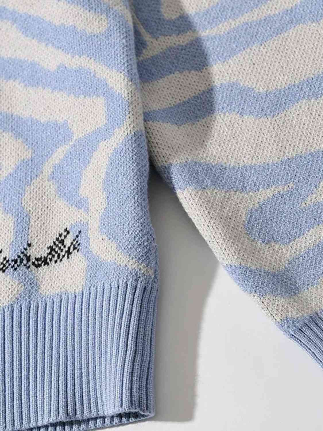 Printed V-Neck Long Sleeve Sweater BLUE ZONE PLANET