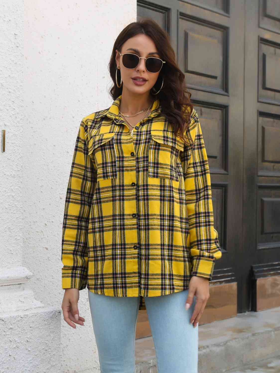 Plaid Collared Neck Buttoned Shirt with Pockets BLUE ZONE PLANET