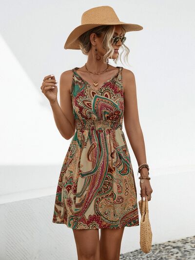 Blue Zone Planet | Smocked Printed V-Neck Mini Dress BLUE ZONE PLANET