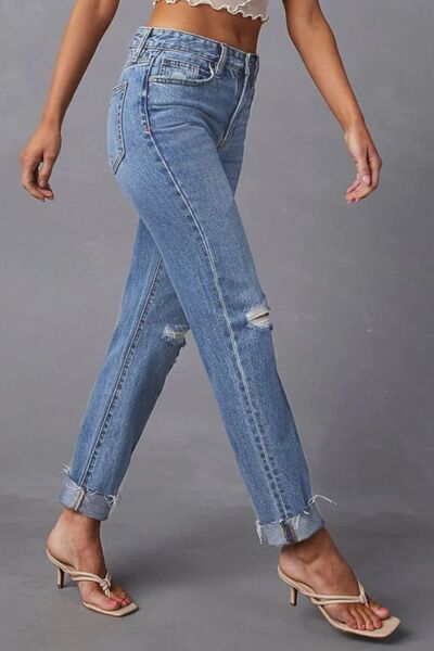 Distressed Raw Hem Straight Jeans with Pockets BLUE ZONE PLANET