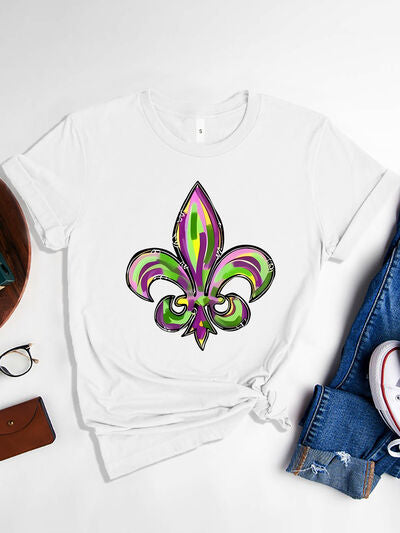 Mardi Gras Graphic Round Neck Short Sleeve T-Shirt BLUE ZONE PLANET