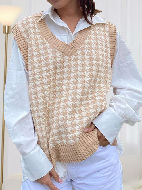 Houndstooth V-Neck Sweater Vet BLUE ZONE PLANET