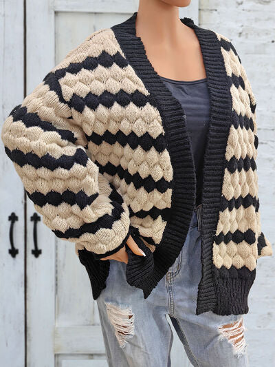 Blue Zone Planet | Striped Contrast Open Front Long Sleeve Cardigan BLUE ZONE PLANET