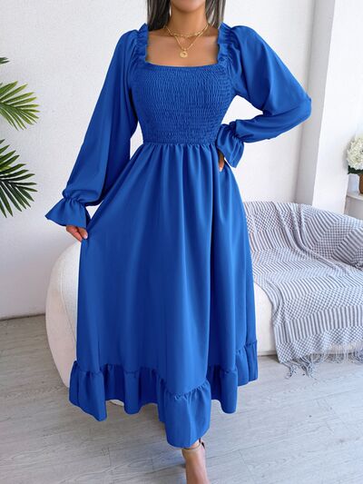 Smocked Square Neck Flounce Sleeve Dress BLUE ZONE PLANET