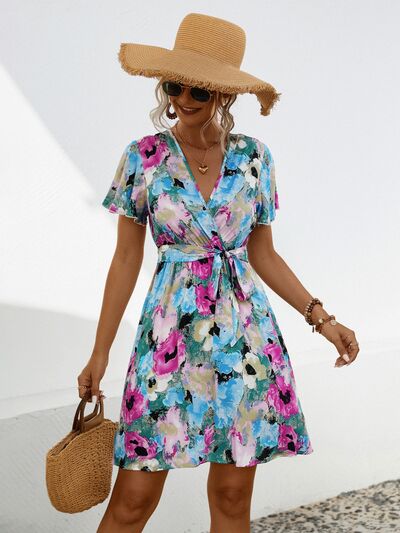 Blue Zone Planet |  Printed Surplice Tie Waist Mini Dress BLUE ZONE PLANET