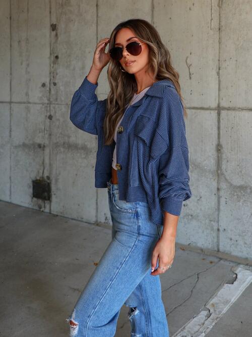 Ribbed Collared Neck Button Up Jacket BLUE ZONE PLANET