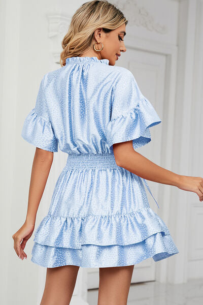 Smocked Tie Neck Flounce Sleeve Dress BLUE ZONE PLANET