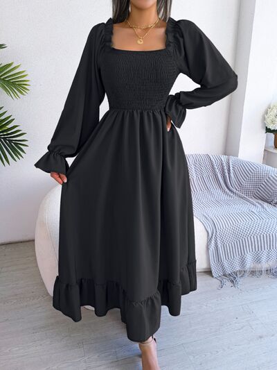 Smocked Square Neck Flounce Sleeve Dress BLUE ZONE PLANET