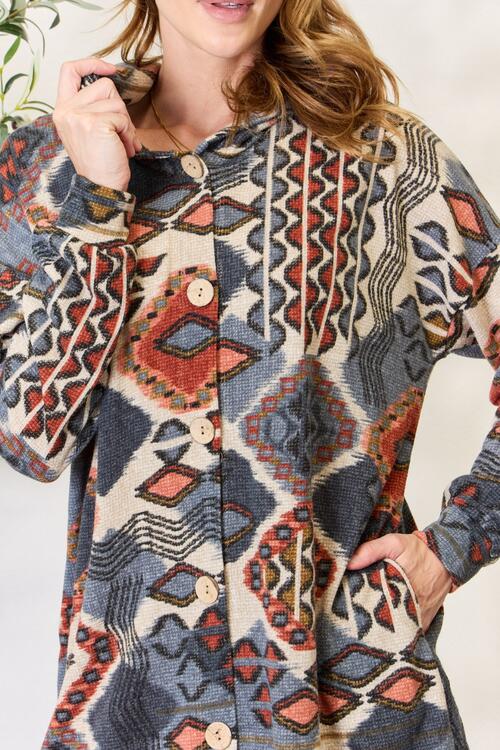 Heimish Full Size Printed Button Up Hooded Jacket BLUE ZONE PLANET