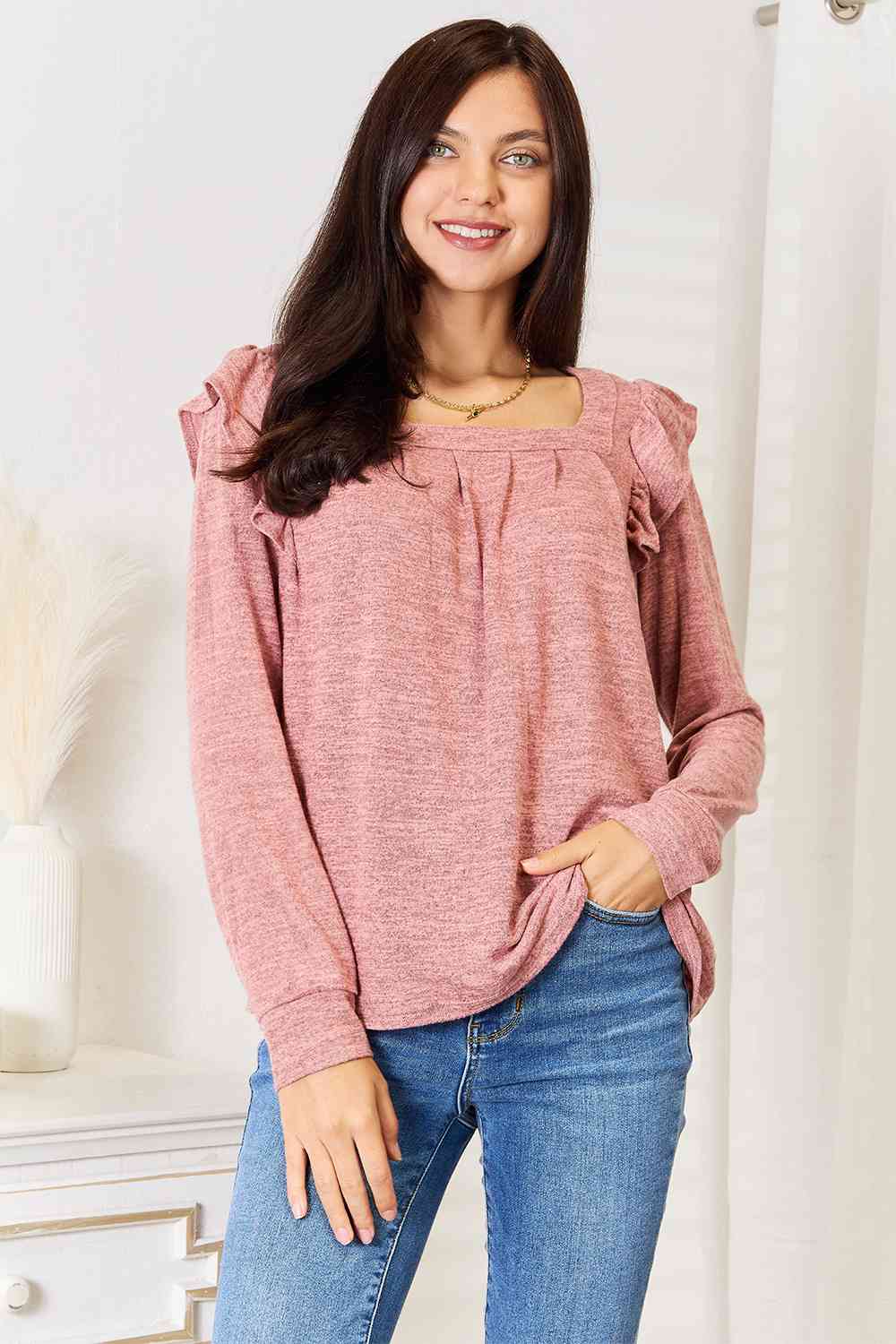 Double Take Square Neck Ruffle Shoulder Long Sleeve T-Shirt BLUE ZONE PLANET