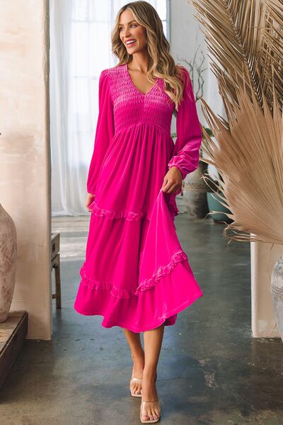 Blue Zone Planet | Frill V-Neck Balloon Sleeve Tiered Dress BLUE ZONE PLANET